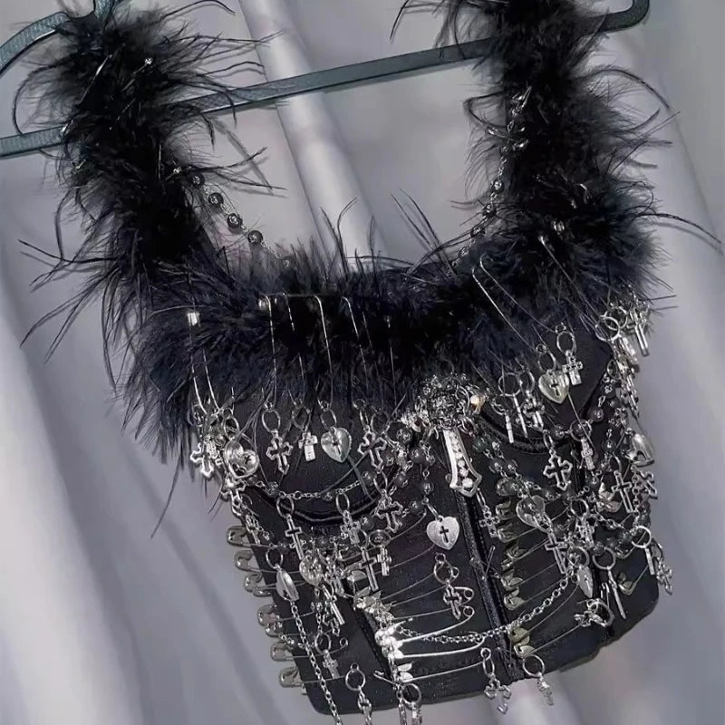 Y2K Punk Gothic Skull Chain Pin Vest Top