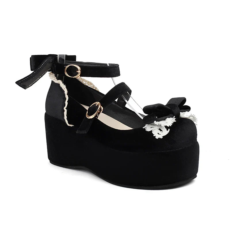 Frosted Flock Lace Bow Lolita Sponge Cake Heels Shoes - 34-45