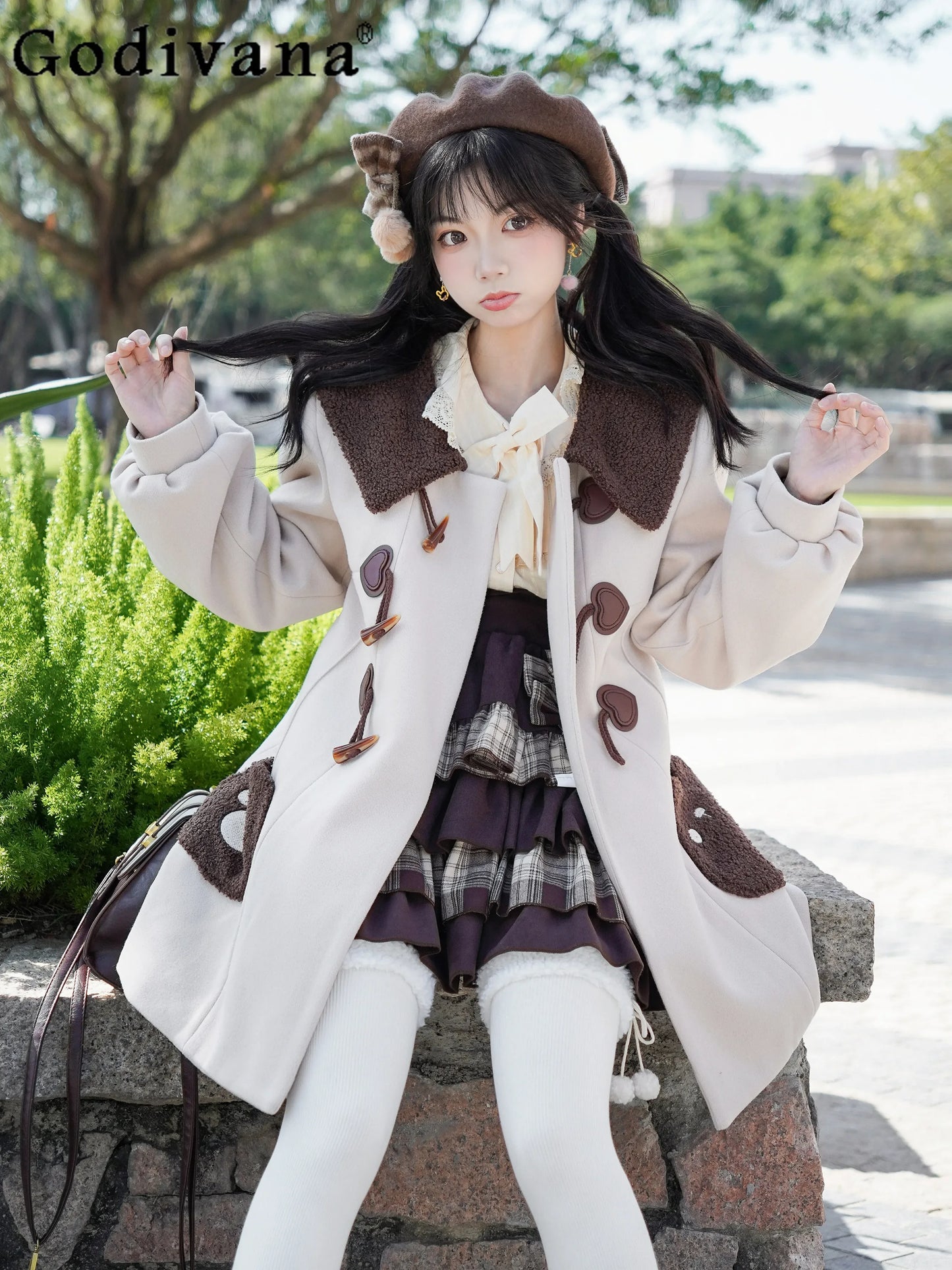 College Style Sweet Horn Buckle Overcoat Jk Uniform Lolita Wool Coat Y2k Skirts