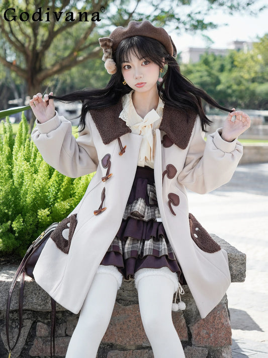 College Style Sweet Horn Buckle Overcoat Jk Uniform Lolita Wool Coat Y2k Skirts