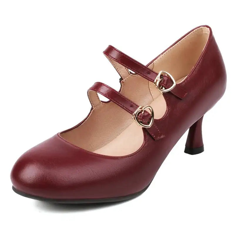 33-48 Pumps Round Toe Heels Double Buckle Straps Sexy Party Mary Shoes Shallow