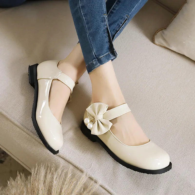 30-44 Sweet Pearl Bow Flat Heel Black Lolita Mary Jane Shoes