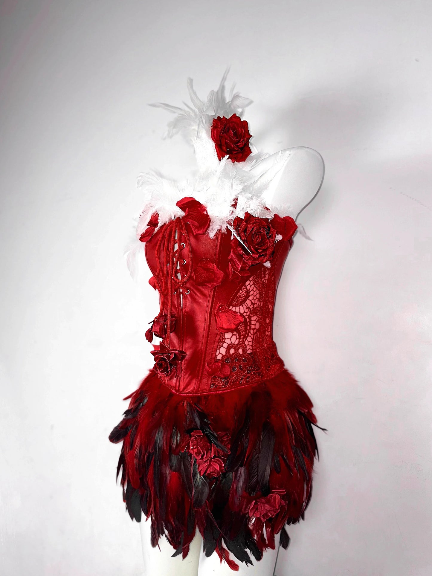 Red Rose Gothic Lace-Up Drawstring Feather Corset Bustier Top Dress