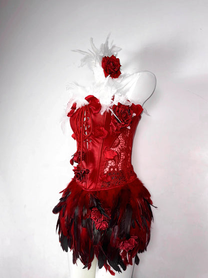 Red Rose Gothic Lace-Up Drawstring Feather Corset Bustier Top Dress