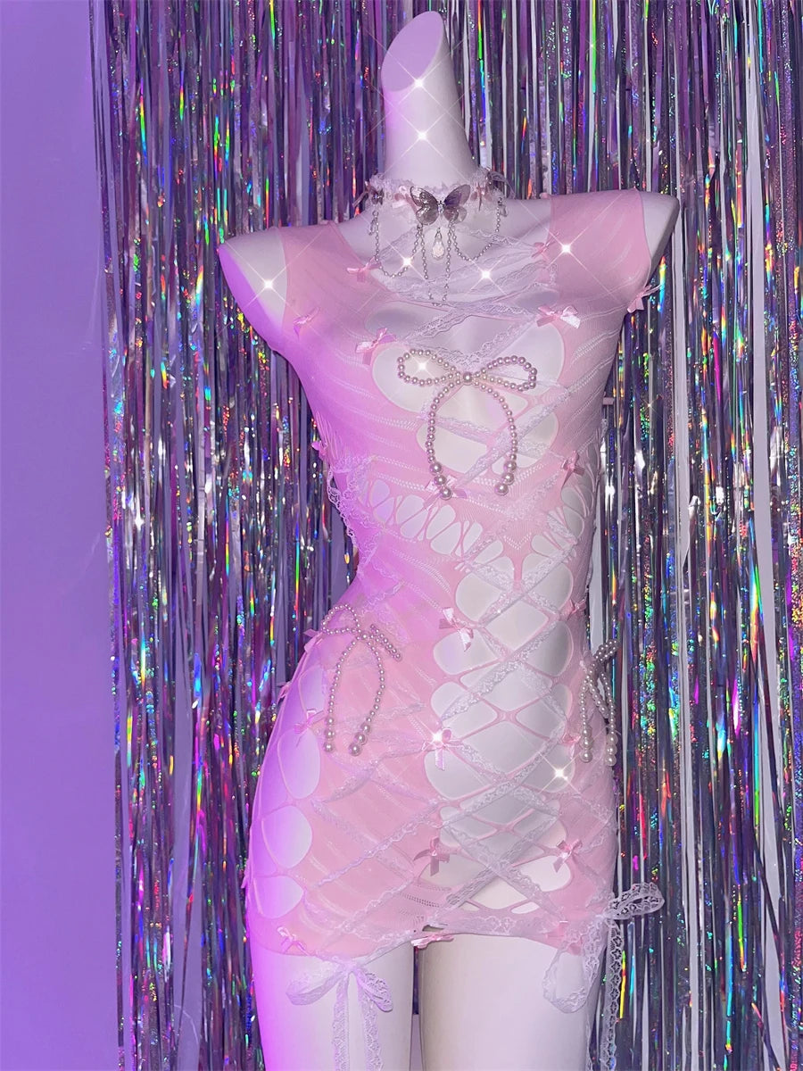 Pink Bowknot Ripped Hollow Out Pearl Tank Top Jumpsuit