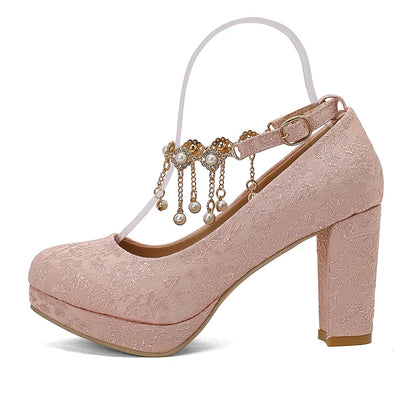 34-46 Elegant Cheongsam Round Toe Pearl One-piece High Heels
