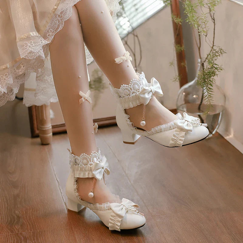 Lolita Lace Sweet Bow Pearl Shoes - 34-39
