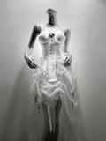 White Gothic Fishbone Split Drawstring Tied Corset Trailing Long Skirt