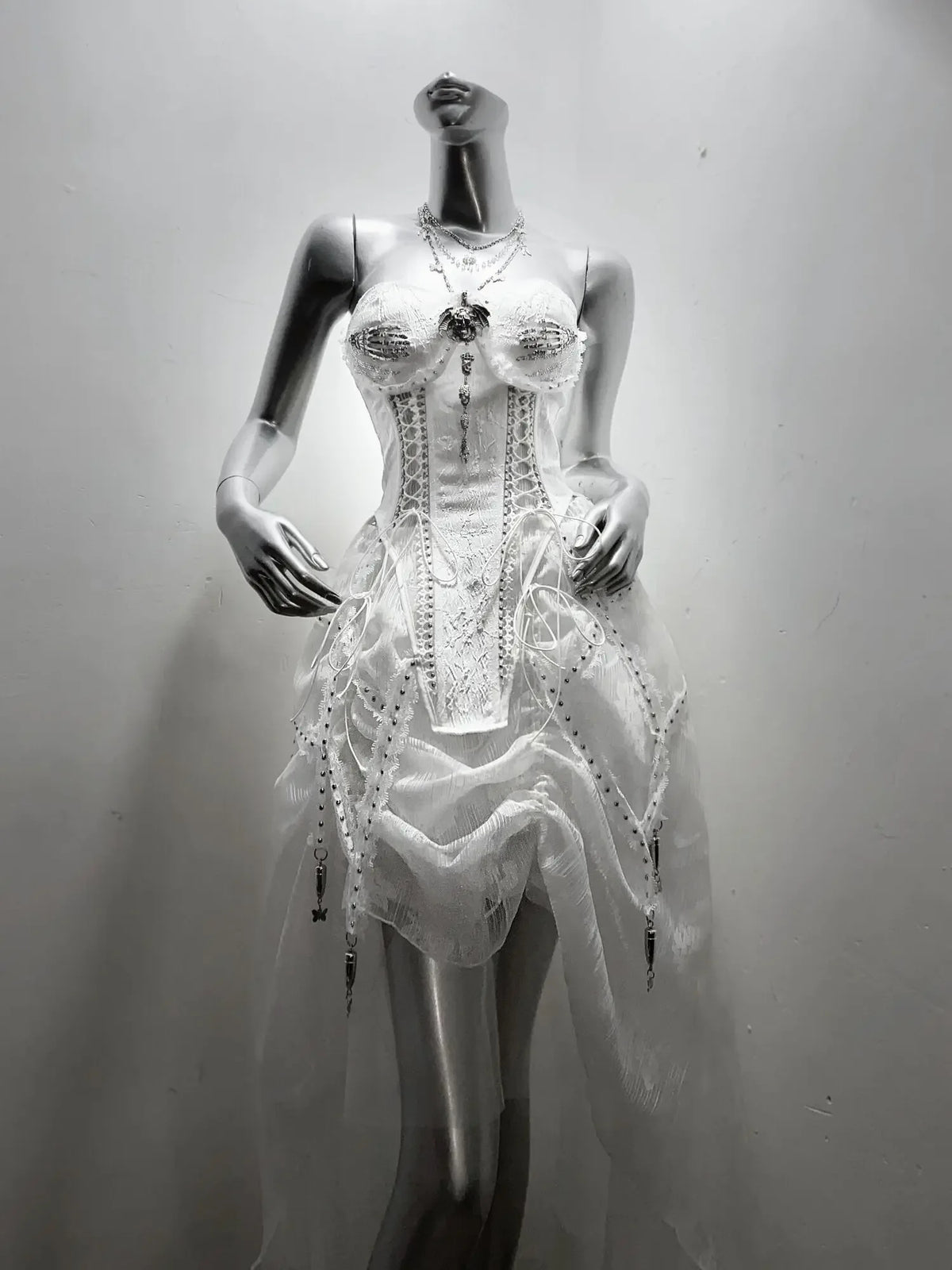 White Gothic Fishbone Split Drawstring Tied Corset Trailing Long Skirt