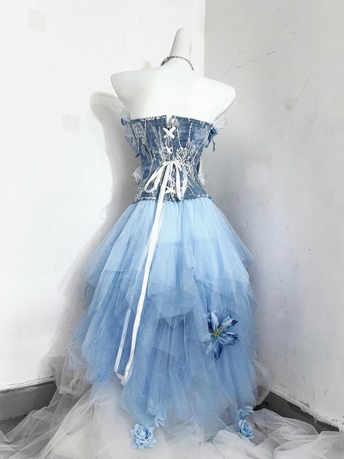 Blue Fairycore Butterfly Florals Patch Fishbone Ball Gown Mesh Gothic Dresses