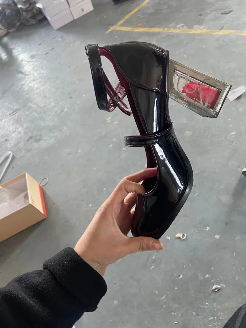 Wine Red Mary Jane Elegant Rose Block Heel Shoes - 35-43
