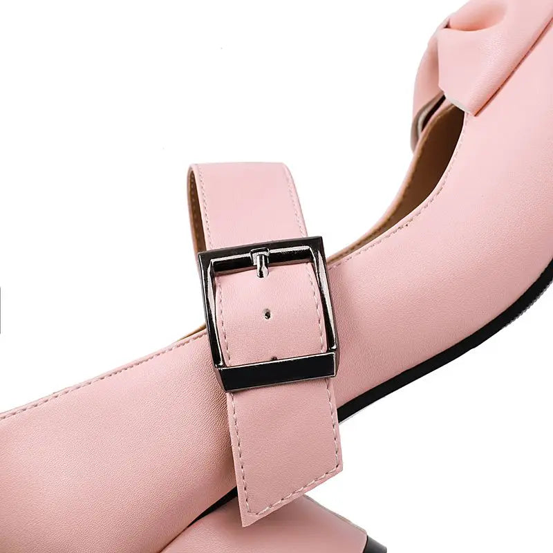 32-48 Mary Janes Pumps Round Toe Chunky Heels Buckle Strap Bowknot