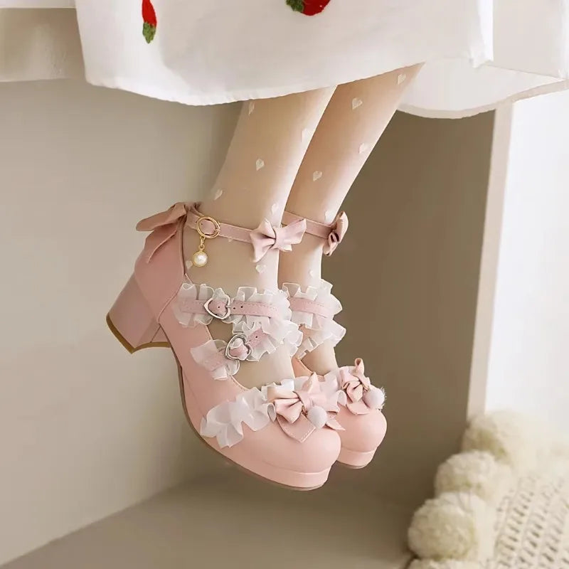 34-43 Cross Strap White Pink Ruffles Bow Maid Princess Lolita Shoes