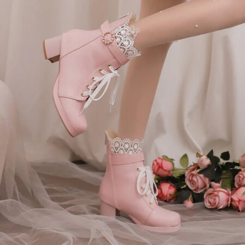 32-48 Lace Up Square Platform Ankle Boots Bow Ruffles Lolita Shoes