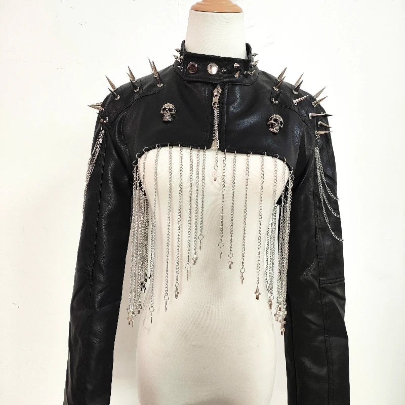 Punk Rivet Chain Tassel PU Leather Black Short Coat