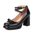 33-43 Sweet Platform Round Toe Square Heel Cross Straps Patent Leather Shoes