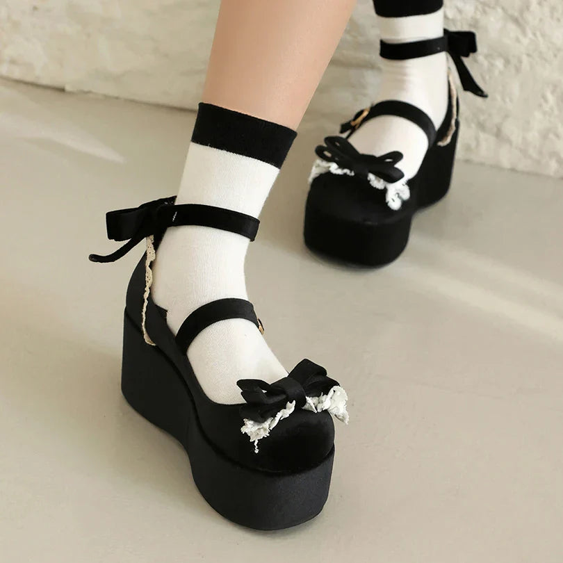 Frosted Flock Lace Bow Lolita Sponge Cake Heels Shoes - 34-45