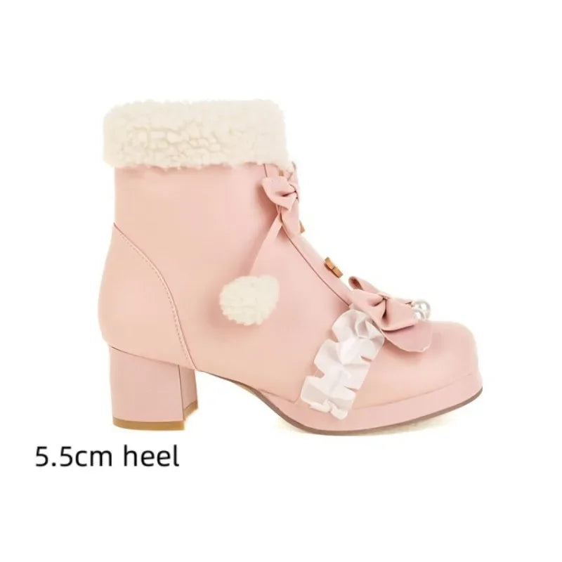 31-48 Pink Lolita Lovely Bow Knot Pompom Warm Faux Fur Boot