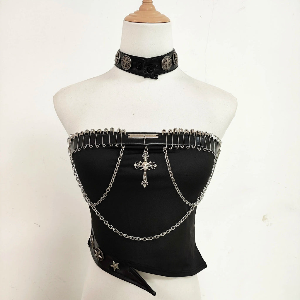 Punk Leather Rivet Single Shoulder Sleeve Coat Bead Chain Off-Shoulder Tube Top