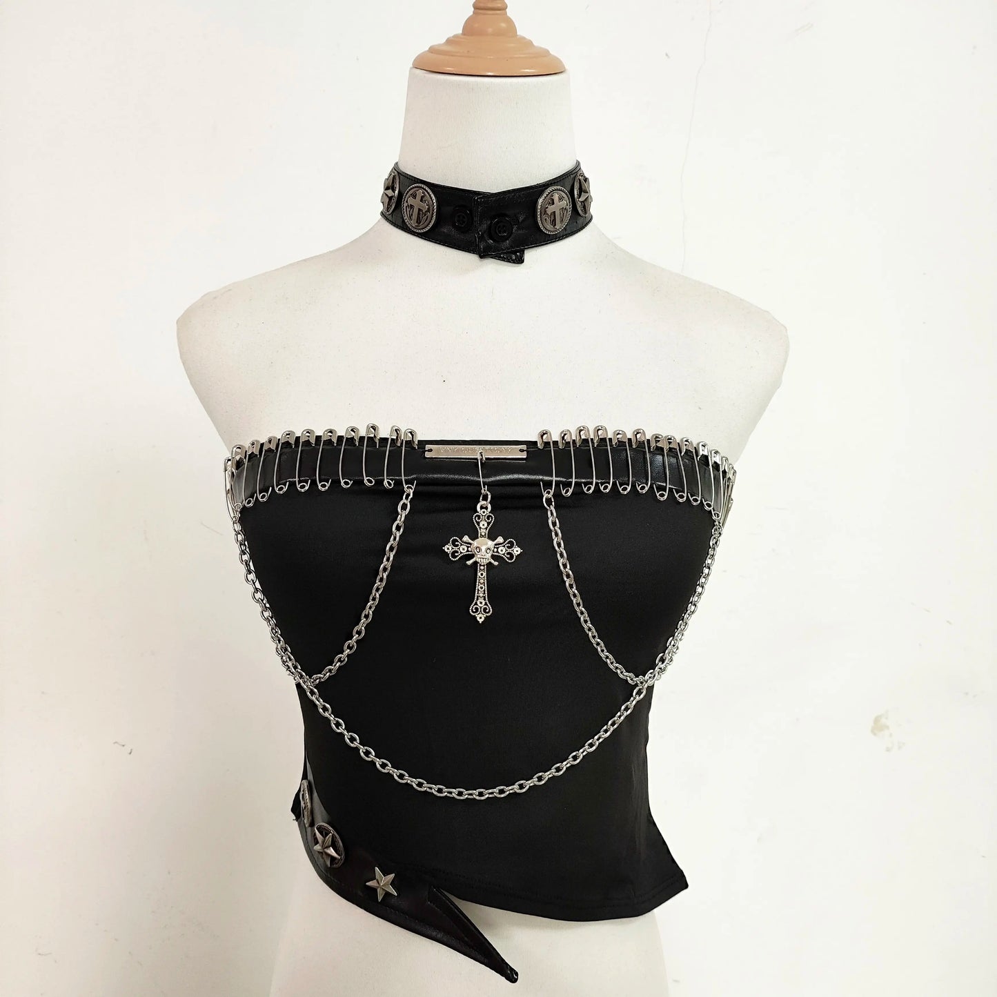 Punk Leather Rivet Single Shoulder Sleeve Coat Bead Chain Off-Shoulder Tube Top
