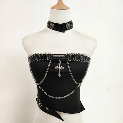 Punk Leather Rivet Single Shoulder Sleeve Coat Bead Chain Off-Shoulder Tube Top