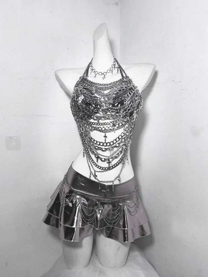 Gothic Technology Iron Chain Cross Hollow Chain Splicing Silver Set