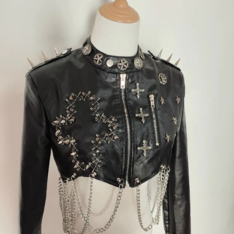 Punk Faux Leather Jacket Rivet Chain Short Jaquetas