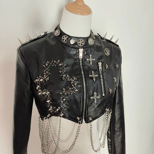 Punk Faux Leather Jacket Rivet Chain Short Jaquetas