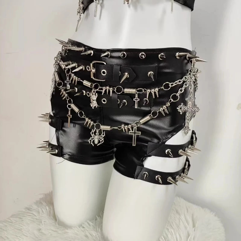 Goth Rivet Chain PU Leather Pants