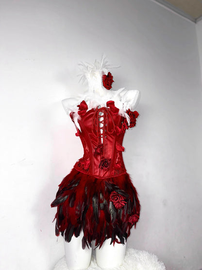 Red Rose Gothic Lace-Up Drawstring Feather Corset Bustier Top Dress