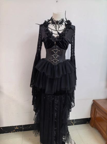 Gothic Y2k Black Lace Flared Long Sleeve Dress