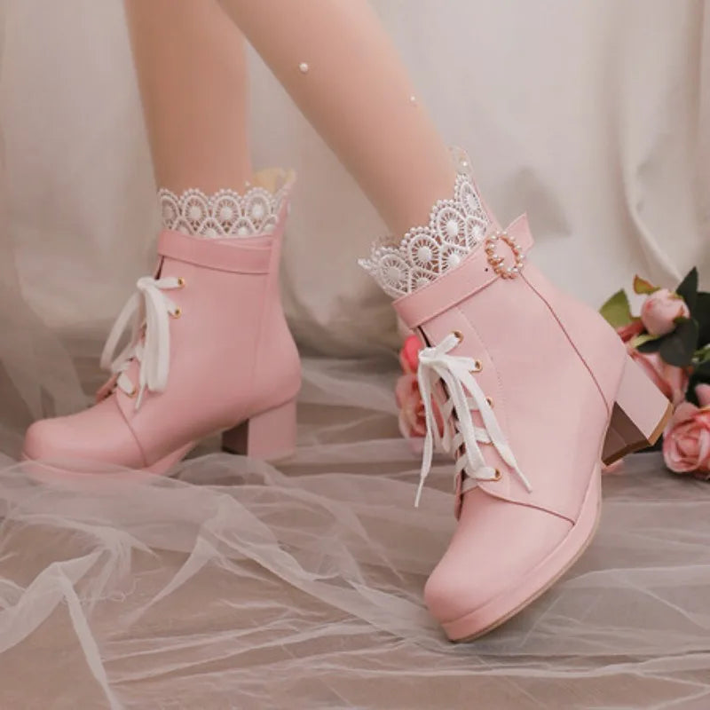 32-48 Lace Up Square Platform Ankle Boots Bow Ruffles Lolita Shoes