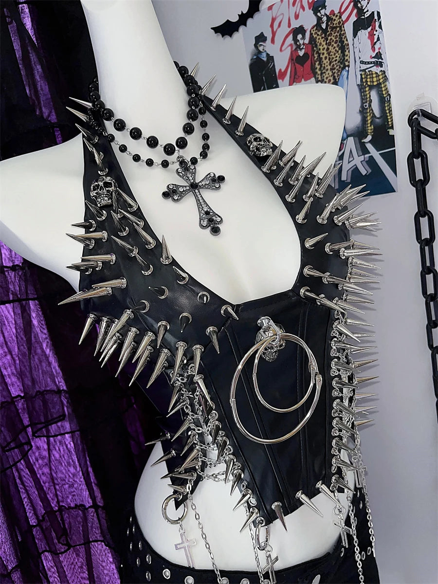 PU Leather Y2K Rivet Skull Chain Punk Halter Suspender Vest