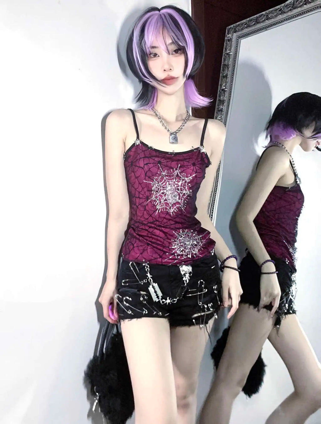 Dark Full Diamond Spider Web Barbie Purple Elastic Double Layer Strap Top