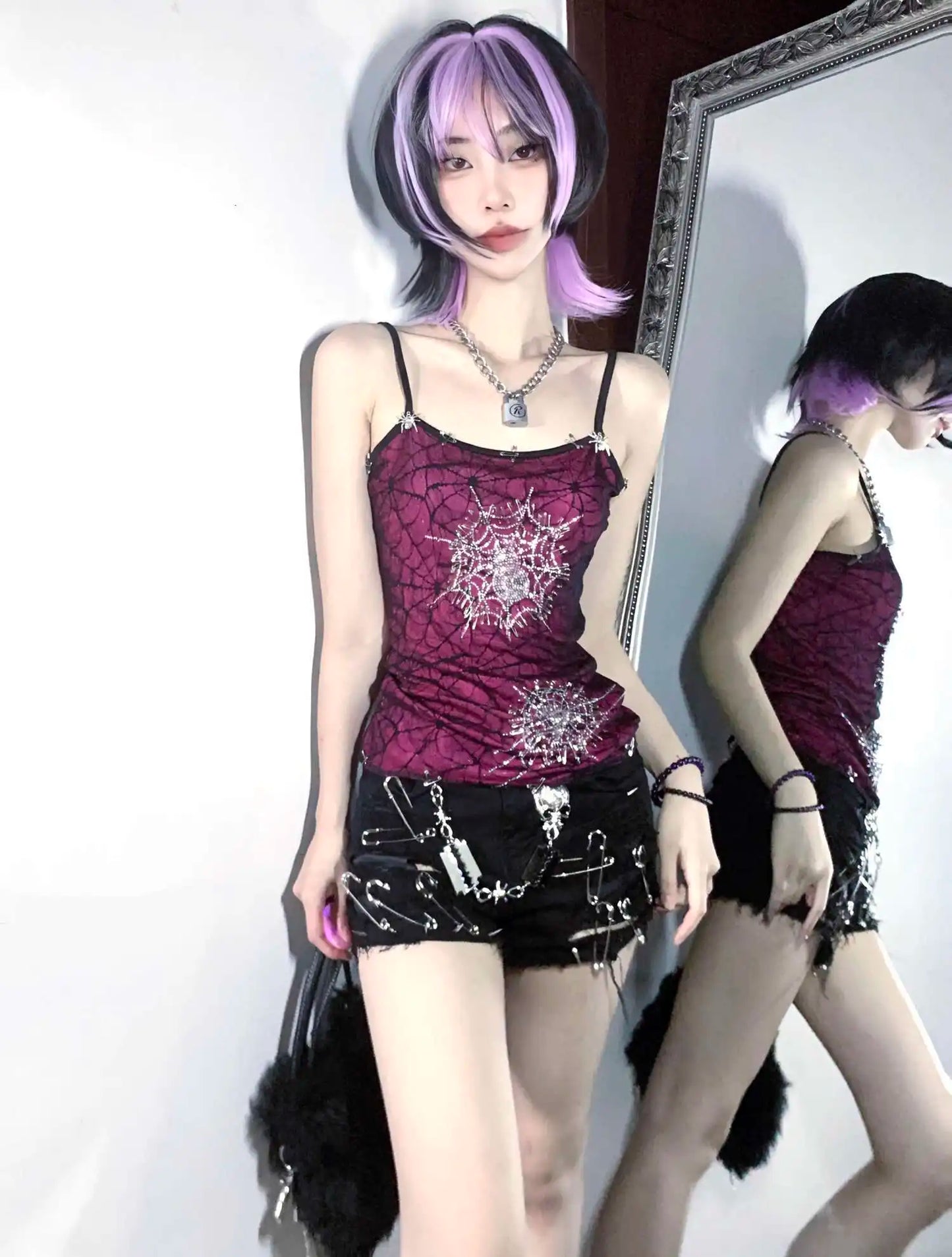 Dark Full Diamond Spider Web Barbie Purple Elastic Double Layer Strap Top