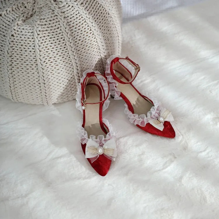35-45 Red Metal Rhinestone Pearl Sandals Velvet Lolita Princess Shoes