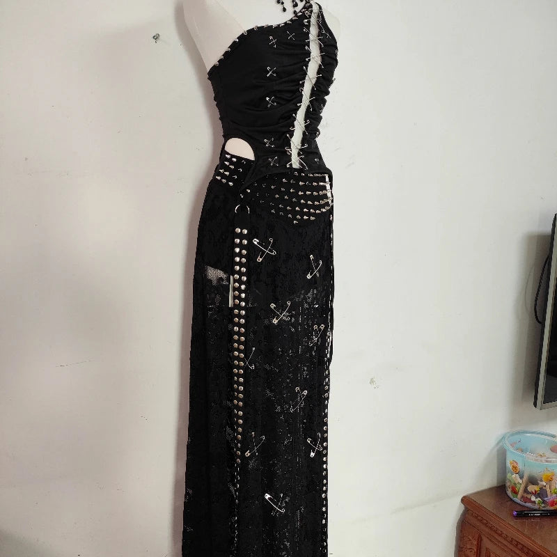 Gothic Dark Pin Stitching Backless Vest Hollow Out Rivet Skirt Set