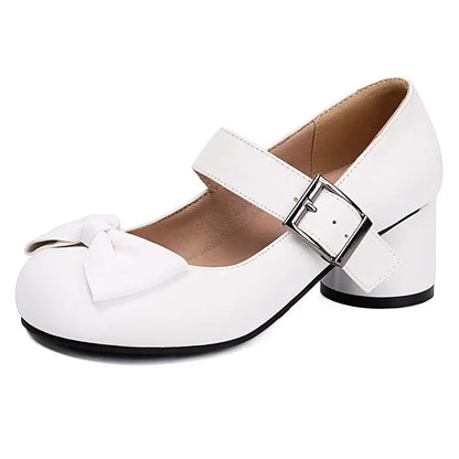 32-48 Mary Janes Pumps Round Toe Chunky Heels Buckle Strap Bowknot