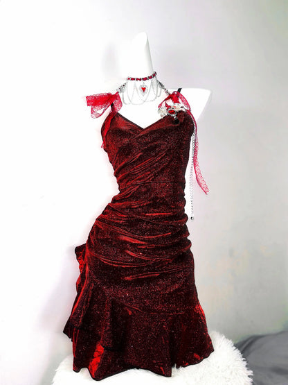 Dark Red V-Neck Mermaid Retro Irregular Slimming Dresses