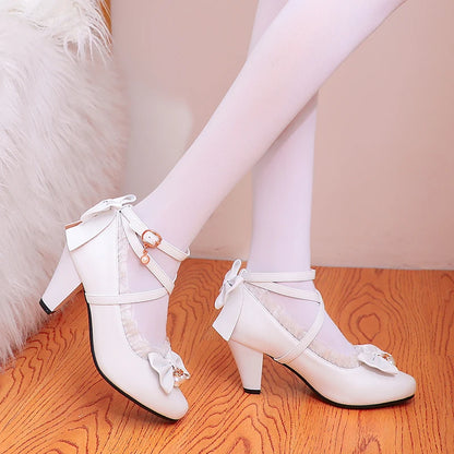 35-50 Lolita Black Pink Cross-Strap Bow Tea Party Shoes