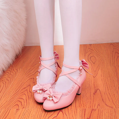 35-50 Lolita Black Pink Cross-Strap Bow Tea Party Shoes