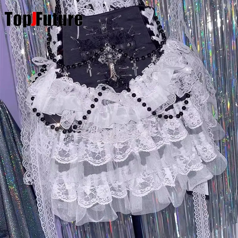 Black Steampunk Gothic Lolita Cross Bead Chain Skirt