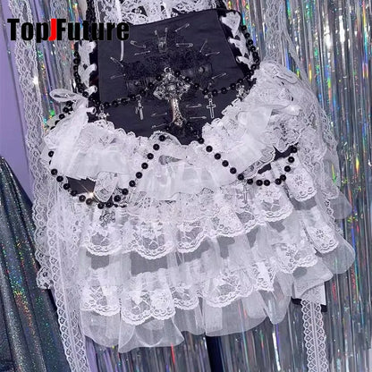Black Steampunk Gothic Lolita Cross Bead Chain Skirt