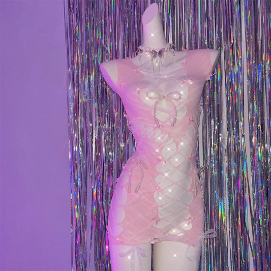 Pink Bowknot Ripped Hollow Out Pearl Tank Top Jumpsuit