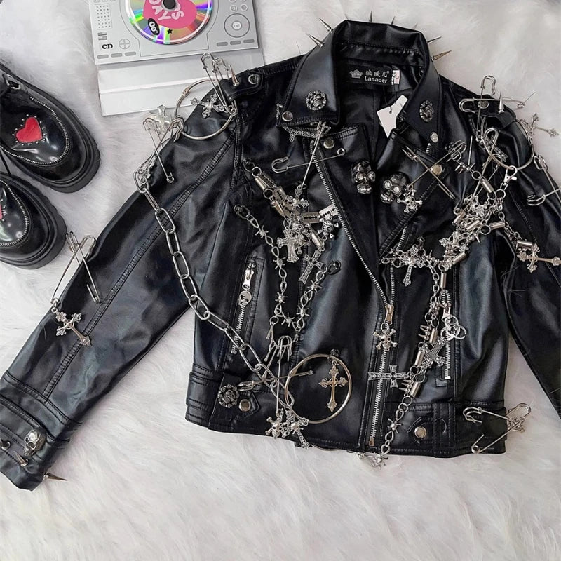 Black Punk Jacket Turn-down Collar Chain Rivet PU Leather Coat