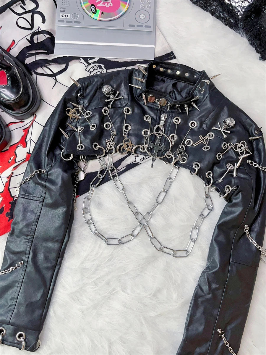 Punk Rivet Rock Retro PU Leather Metal Chain Jackets