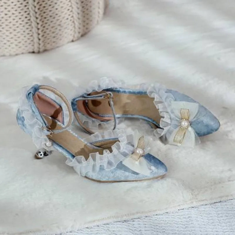 35-45 Red Metal Rhinestone Pearl Sandals Velvet Lolita Princess Shoes