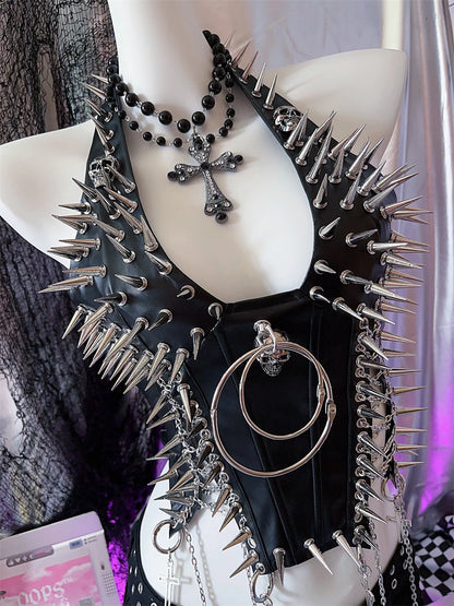 PU Leather Y2K Rivet Skull Chain Punk Halter Suspender Vest