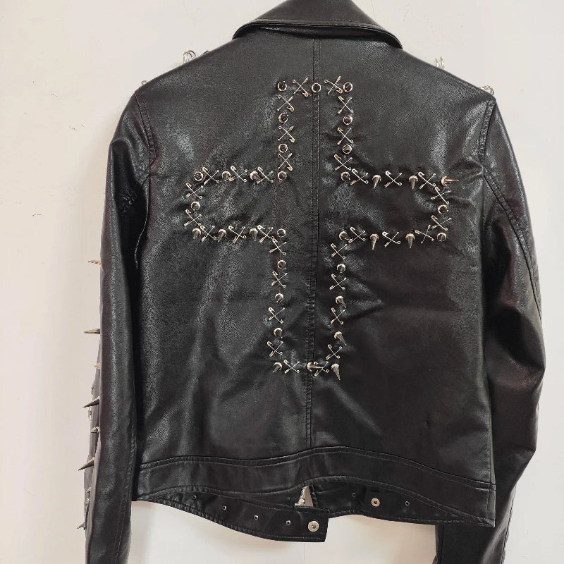 Gothic Punk Dark Y2K Rivet Chain PU Coat