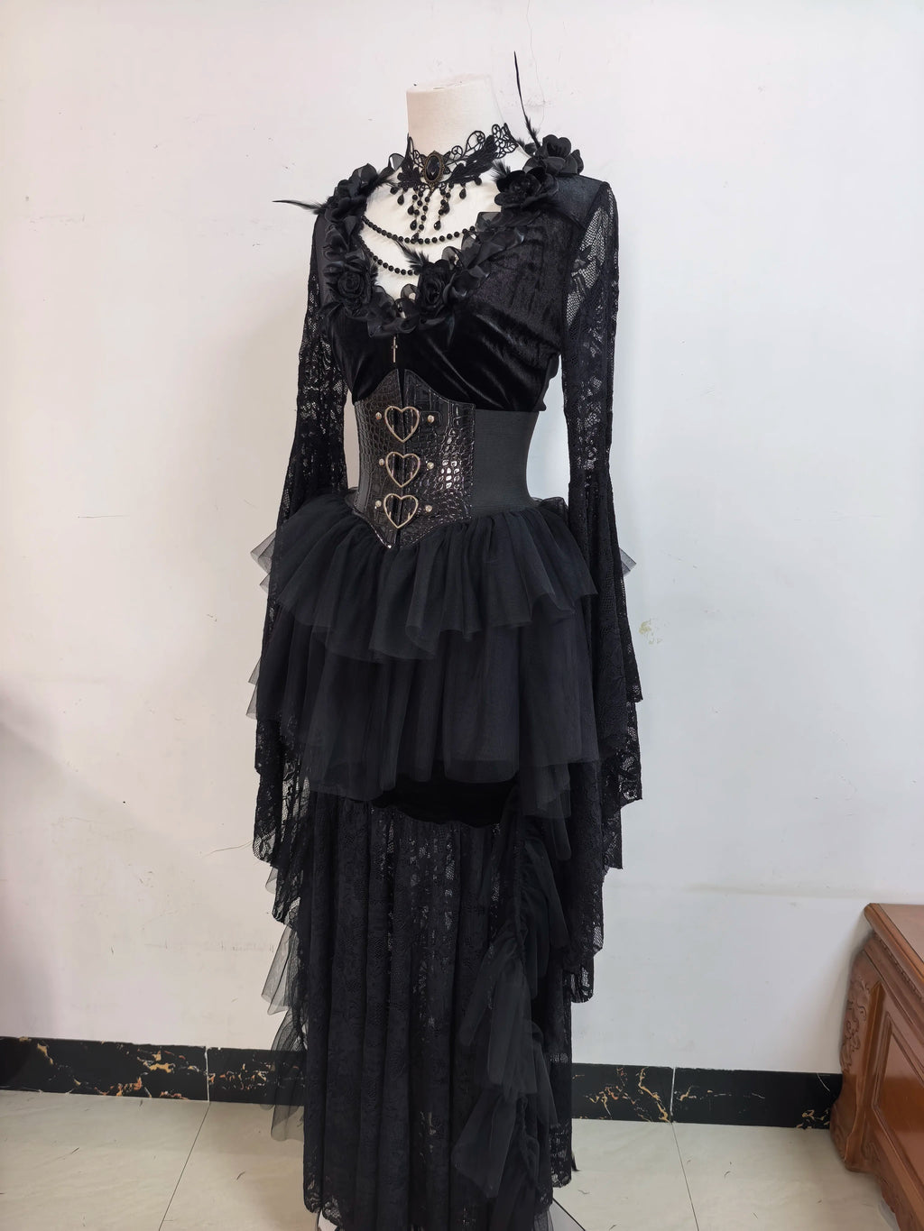 Gothic Y2k Black Lace Flared Long Sleeve Dress